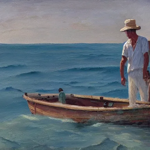 Image similar to old, skinny man with short gray beard, in straw hat, white shirt, swimming through ocean in medium fishing boat with small mast, from a distance, morning, scene from 1 9 5 2, oil painting, realism