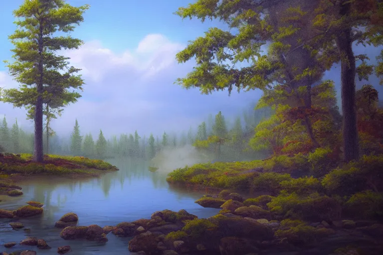 Prompt: landscape painting, forest lake, hd 8 k photorealism