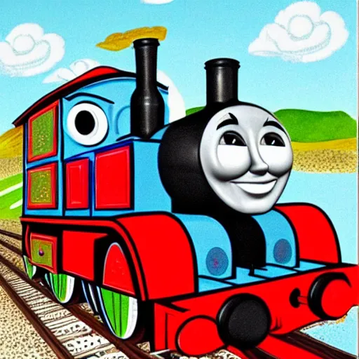 Prompt: Thomas the engine running over the island of pies looking crazed, artistic