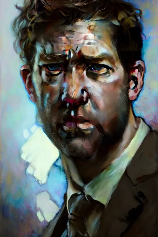 Prompt: hyperrealist portrait of jim halpert by jeremy mann and alphonse mucha, fantasy art, photo realistic, dynamic lighting, artstation, poster, volumetric lighting, very detailed faces, 4 k, award winning