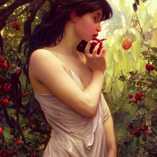 Prompt: eve eating fruit from the tree of knowedge of good and evil in the gardnen of eden, highly detailed, digital painting, artstation, concept art, smooth, sharp focus, illustration, artstation, art by artgerm, greg rutkowski, alphonse mucha, ilya repin and charlie bowater