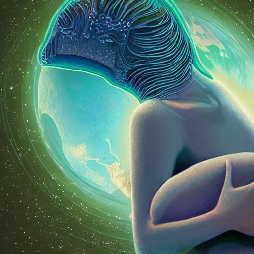 Prompt: planet earth depicted as a sleeping female hyperdimensional alien dreaming all life, people and animals into existance