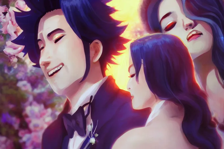 Image similar to a cinematic portrait of wedding photograph jpeg close up moment of a divine a japan sun god and moon goddess lovers magician at a wedding banquet. portraiture. digital painting. artstation. concept art. wedding photo. digital painting. naruto the movie art masterpiece by art by krenz cushart