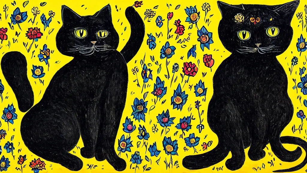 Image similar to a very detailed image of a big black cat wearing a yellow raincoat standing on his back feet in a style of louis wain and sid mead, cinematic, wide lense