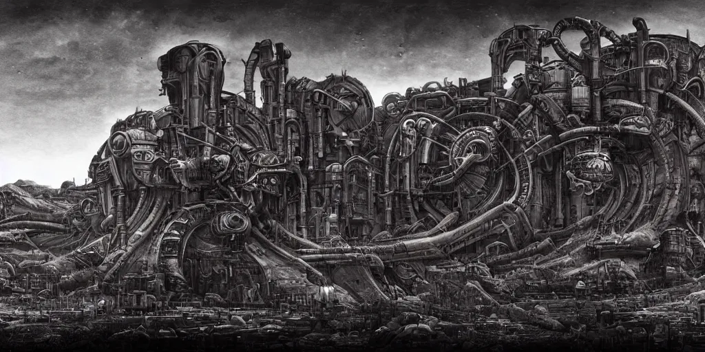 Image similar to a neverending non - euclidean factory in a bleak martian landscape, dieselpunk by hr giger