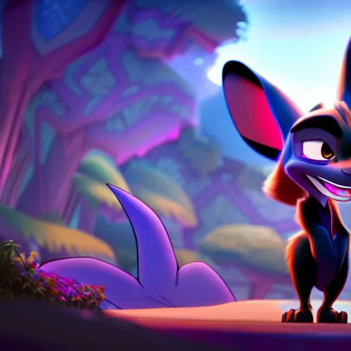 Image similar to Dark Legendary Pokemon in Disney\'s zootopia , pixar style , 4k , rim lighting , highly detailed