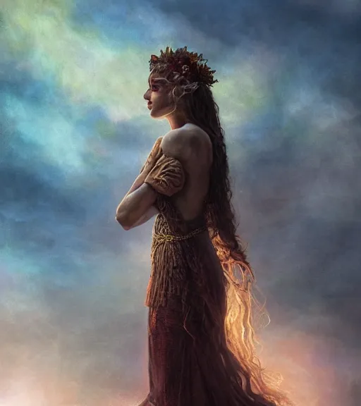 Prompt: majestic gracious regal persephone portrait, ancient greece, mysterious atmospheric lighting, elysian fields, painted, intricate, iridescent, volumetric lighting, beautiful, rich deep colours masterpiece, golden hour, golden ratio, sharp focus, ultra detailed, by leesha hannigan, ross tran, thierry doizon, kai carpenter, ignacio fernandez rios