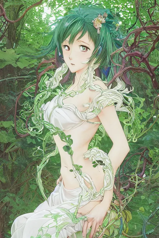 Prompt: anime key visual of a beautiful young female goddess!! in white silk clothing covered in vibrant green vines, intricate, magical forest, stunning, highly detailed, digital painting, artstation, smooth, hard focus, illustration, art by artgerm and greg rutkowski and alphonse mucha