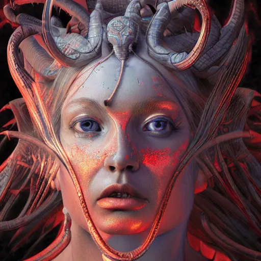 Image similar to photorealistic demon goddess in the style of michael whelan and gustave dore. hyperdetailed photorealism, 1 0 8 megapixels, amazing depth, glowing rich colors, powerful imagery, psychedelic overtones, 3 d finalrender, 3 d shading, cinematic lighting, artstation concept art