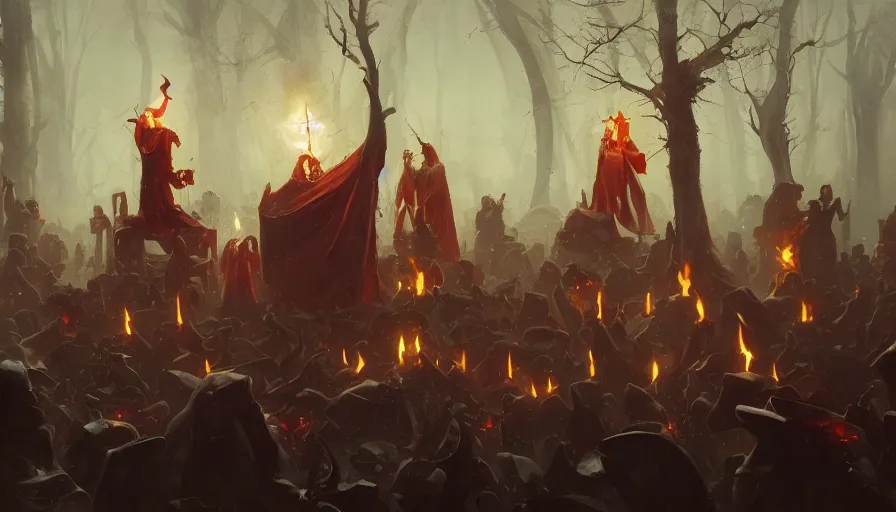 Image similar to A beautiful painting of a satanic ritual by an cult priest by greg rutkowski and Kalin Popov, trending on artstation