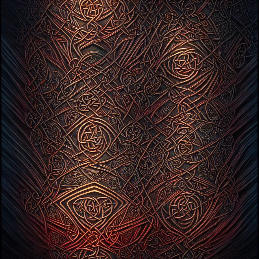 Image similar to texture with celtic neon retrowave decorative pattern, artstation, illustration, highly detailed, art by artgerm and greg rutkowski, symmetrical, dark art, old vhs tape