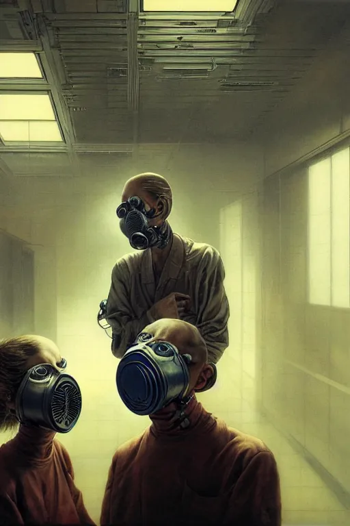 Prompt: two skinny old people wearing gas masks standing inside a deserted hospital room, Ayami Kojima, Karol Bak, Greg Hildebrandt, mark brooks, hauntingly surreal, highly detailed painting by Katsuhiro Otomo, part by Adrian Ghenie, part by Gerhard Richter, Soft light 4K,