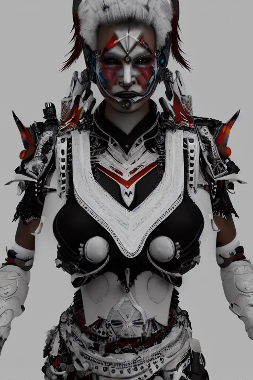 Image similar to white cyborg fashion shot, maasai warriors, fractal decorations, punk hairdo, unreal engine, trending on artstation,