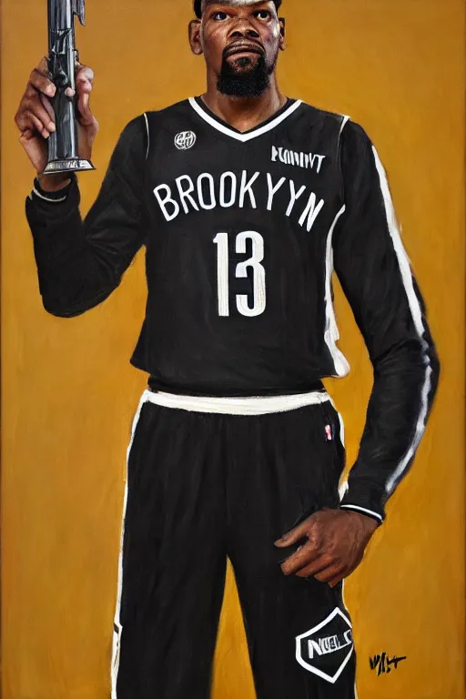 Prompt: full body portrait of the dictator of the brooklyn nets, 1 8 8 9, in full military garb, kevin durant, oil on canvas by william sidney mount, trending on artstation