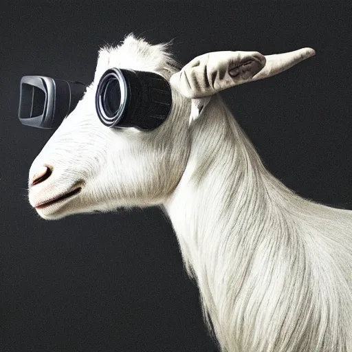 Prompt: front portrait of a goat photographer in a suit wearing night vision goggles punk hair hd, high resolution, annie leibovitz