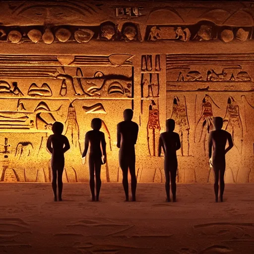 Prompt: realistic render of a group of aliens looking at hieroglyphs, cinematic lighting