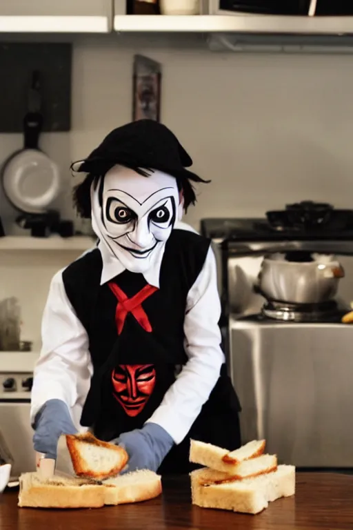 Image similar to a schoolboy in a Guy Fawkes mask v for vendetta makes sandwiches on the kitchen table