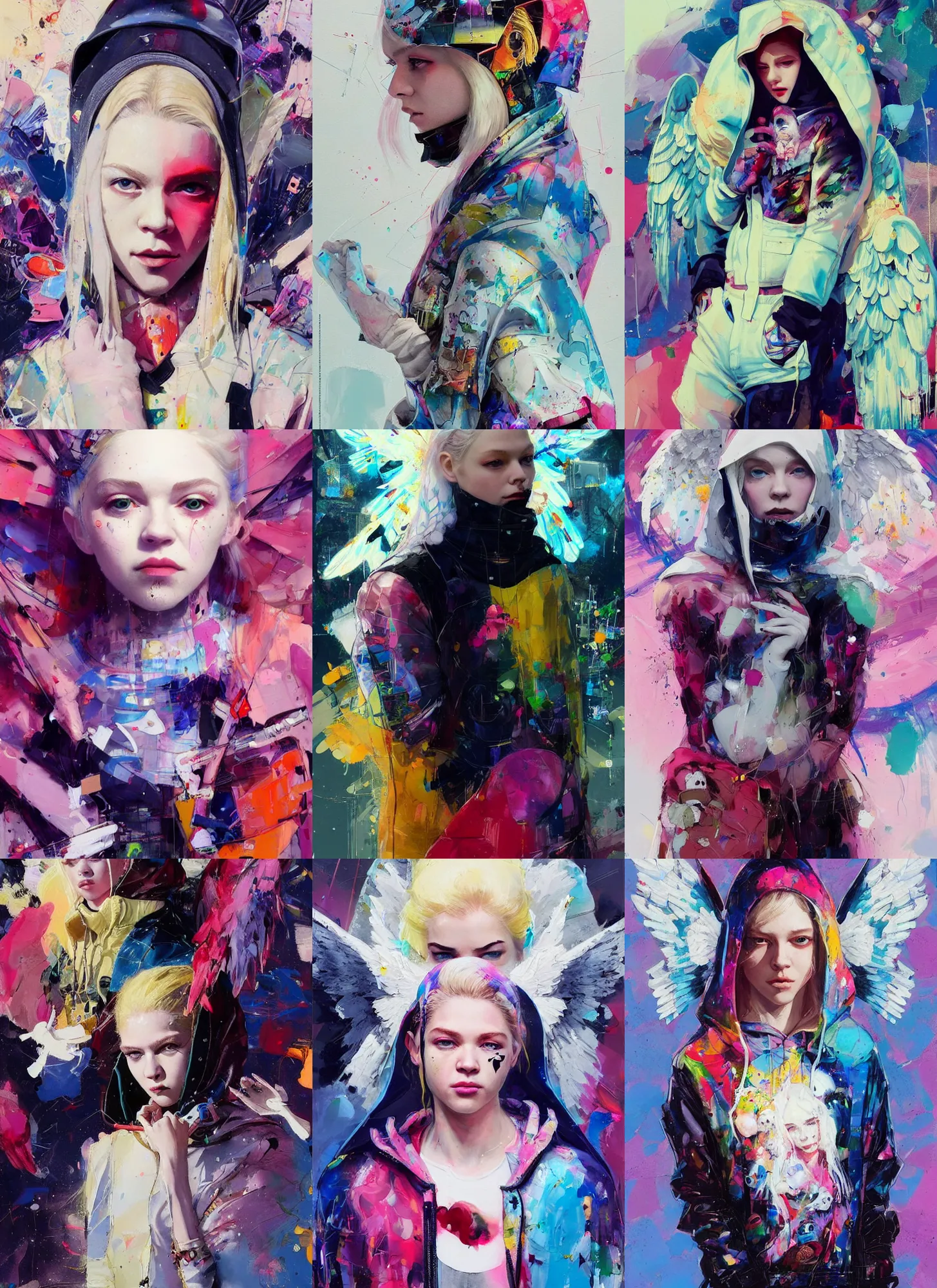 Image similar to hunter schafer in the style of martine johanna and greg rutkowski, wearing hoodie, madonna surrounded by angels, street fashion,!! haute couture!!, full figure painting by john berkey, david choe, ismail inceoglu, gorgeous features, detailed impasto brushwork