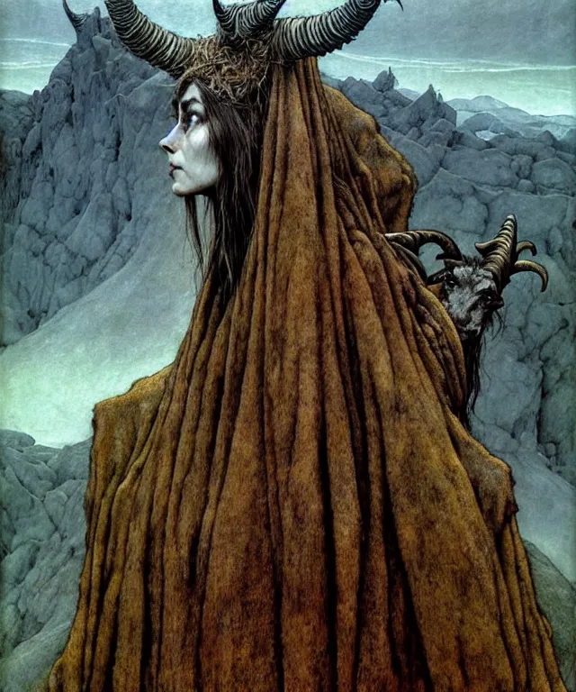 Image similar to A detailed horned goatwoman stands among the hills. Wearing a ripped mantle, robe. Perfect faces, extremely high details, realistic, fantasy art, solo, masterpiece, art by Zdzisław Beksiński, Arthur Rackham, Dariusz Zawadzki