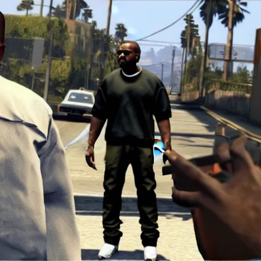 Prompt: kanye west in gta v, he is standing on a podest