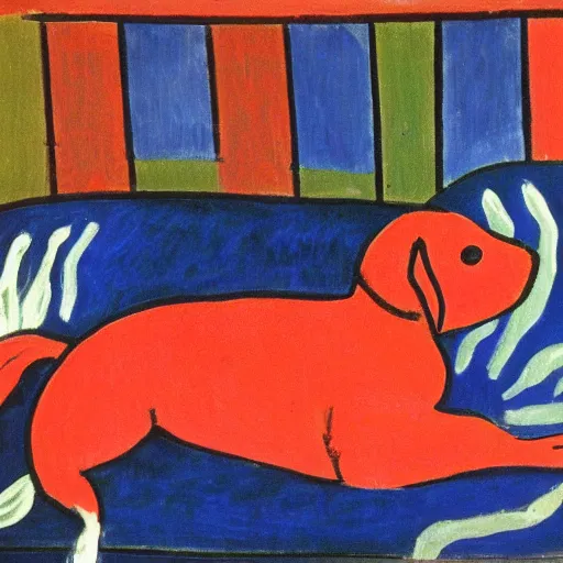 Prompt: dog with red fishes, by matisse, oil on canvas