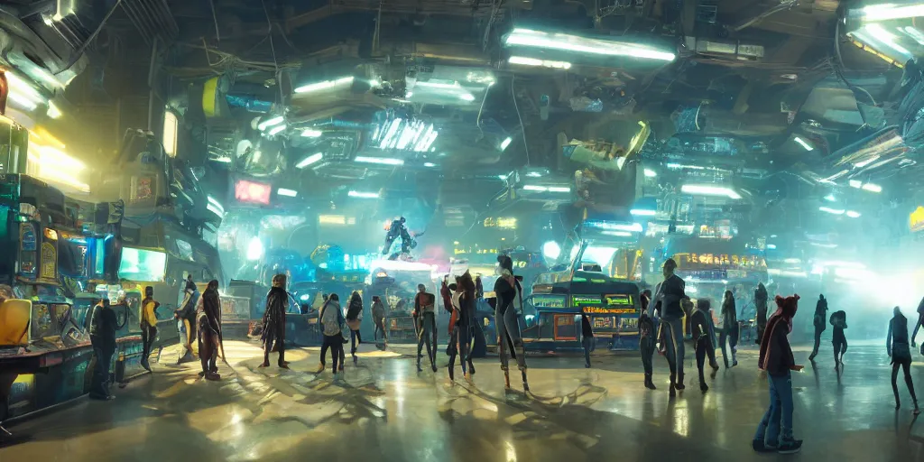 Prompt: interior shot, ready player one, teenager hangout spot, scifi futuristic arcade , robots , people , neon lights, james gurney, katsuhiro otomo, james paick, cinematic lighting, artstation, vibrant nature, anime style, Craig Mullins, Greg Rutkowski, Pete Morbacher, Tuomas Korpi, tekkon kinreet, volumetric light, artstation, , octane render, redshift render, low angle camera