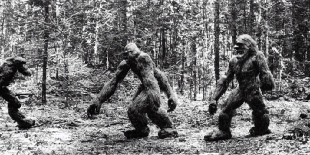 Prompt: : stereopticon photo of bigfoot fighting robot