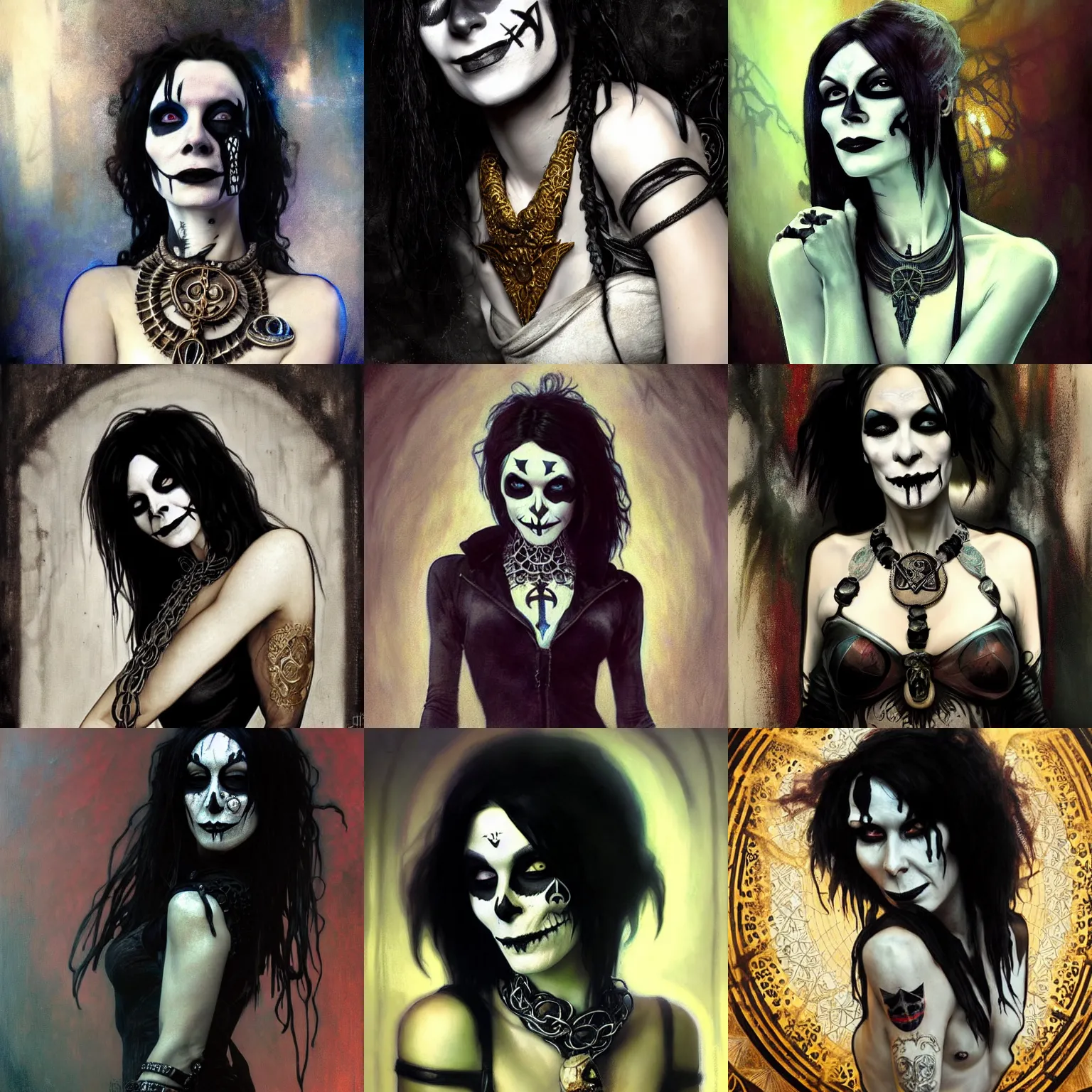 Prompt: beautiful portrait of audrey tatou as death from sandman, smiling, ankh symbol around the neck, by cedric peyravernay, alphonse mucha, by jeremy mann, by lecouffe deharme, goth chic, soft lightning, eyeliner, punk rock, high detailed, 8 k