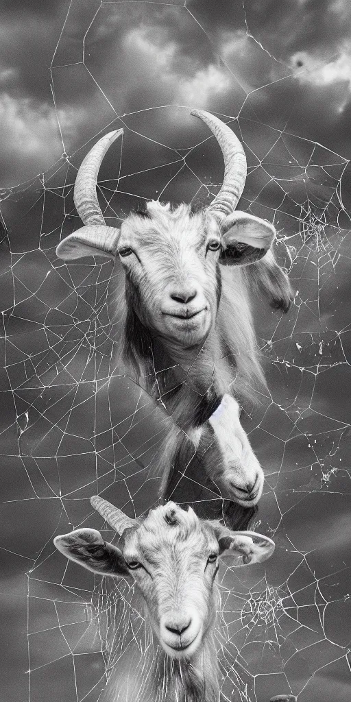 Prompt: a goat with a cobweb between his horns, sky realistic stormcloud with glimpses of flares