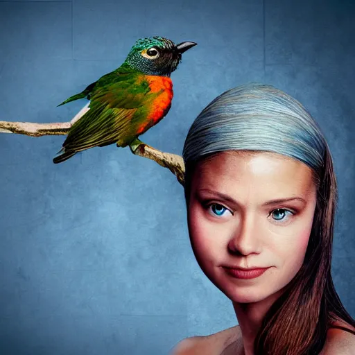 Image similar to woman with a bird, detailed digital photo art