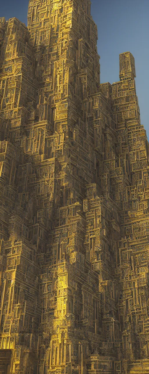 Image similar to photorealistic photo a contemporary babylon tower, golden intricate details, stone facade, sacred ancient architecture, cascading highrise, arid mountains with lush palm forest, sunlight, post - production, octane, cgi, sfx