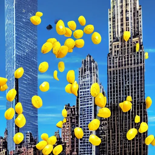 Image similar to Bananas falling from the sky over new york city, colourised, photograph