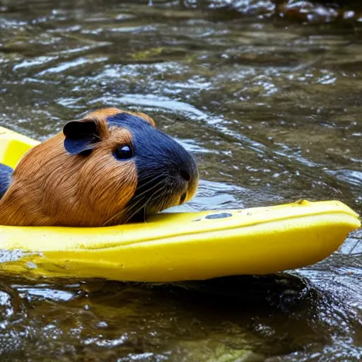 Image similar to a guinea pig paddling a yellow kayak on a small stream