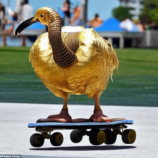 Image similar to a dodo wearing a gold chain around its neck and baseball cap, on a hovering skateboard without wheels, at a skate park near the beach, Saturday Morning cartoon