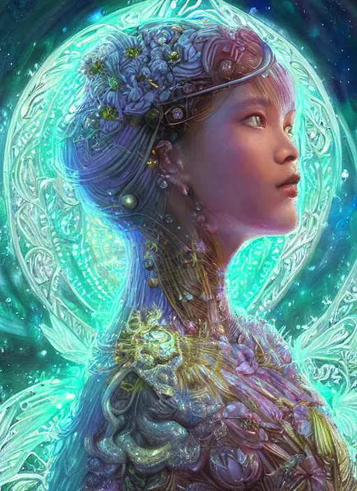 Prompt: portrait of Lalisa Manobal as a Celestial Goddess of a futuristic pearlescent holographic, inside future fighter, sci-fi, fantasy, intricate, lush garden spaceship with sakura season flowers in Kyoto Japan, elegant, human anatomy, royal green and nature light, highly detailed, digital painting, artstation, concept art, smooth, sharp focus, illustration, art by James Jean, masterpiece, 3d blender