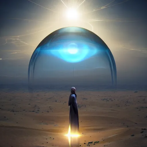 Prompt: : huge translucent orb in the desert, reflection from the crystal is sparkling due to sun, small tesla starship is near, futuristic hi-tech details, art by anthony macbain + greg rutkowski + alphonse mucha, concept art, 4k, sharp focus, cinematic render unreal engine