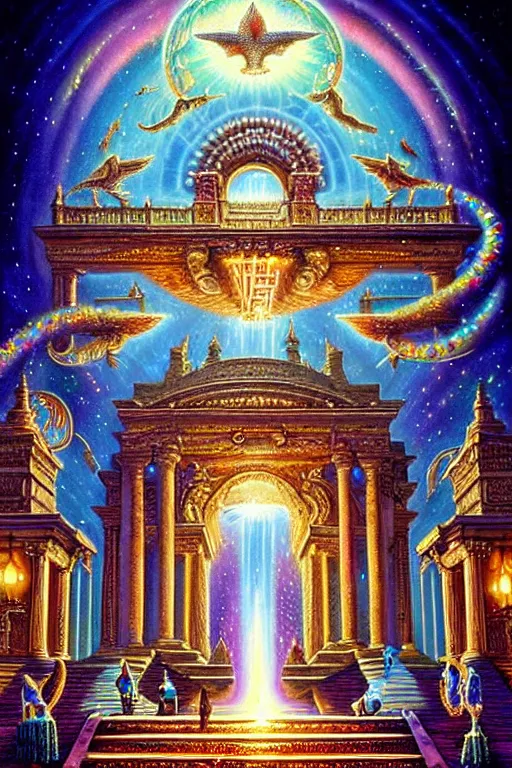 Prompt: a photorealistic detailed cinematic image of a departed soul crossing the ornate adorned jeweled opal gateway to the afterlife. met by friends and family, overjoyed, by pinterest, david a. hardy, kinkade, lisa frank, wpa, public works mural, socialist