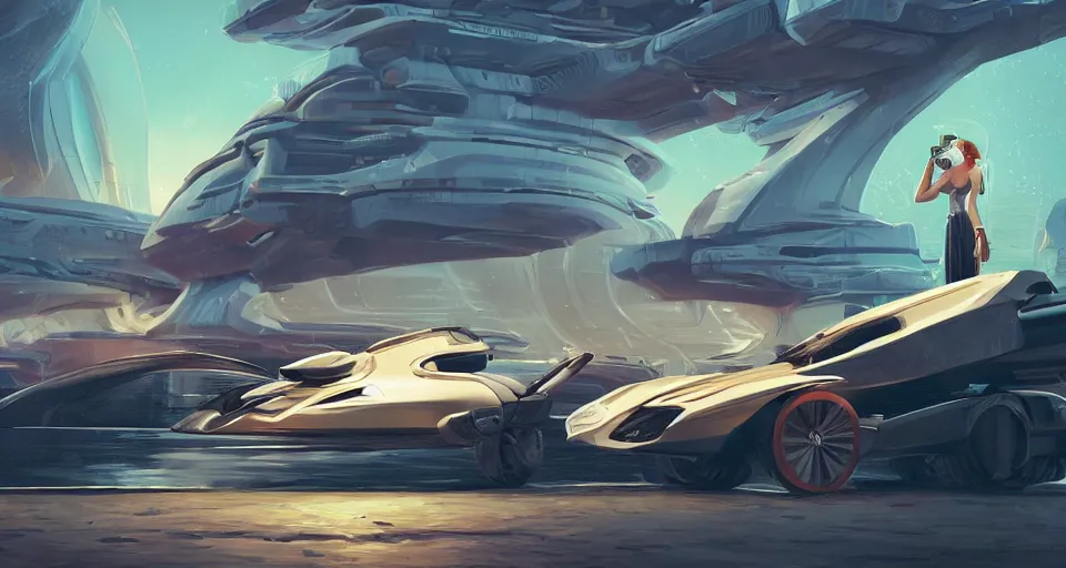 Prompt: a decadent futuristic sportscar designed by pinifarina and a female robot holding a bazooka at a lake in ancient greece, hdr, hyperrealistic, photorealistic, bokeh, volumetric lighting, sunrise background, production i. g. studios syd mead style