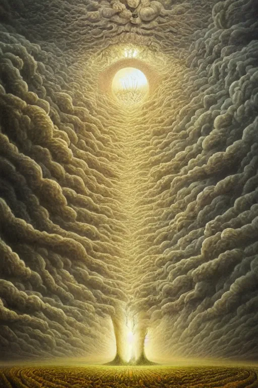 Image similar to Intricate stunning highly detailed mother earth, 🌱, by agostino arrivabene and Vladimir Kush, surreal, digital painting, ultra realistic, Horror vacui, dramatic lighting, full moon, thick black swirling smoke tornado, burning fire embers, artstation