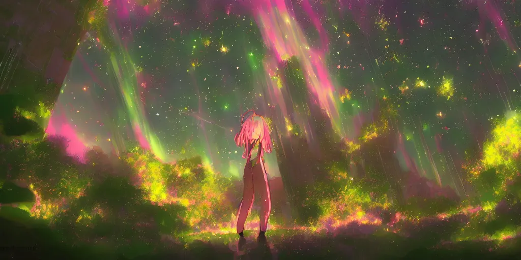 Prompt: patchouli walking in cloud pond forest dusk, fractal dreamscape, shattered sky cinematic, shooting stars, aurora borealis mirror reflection, vibrant colors, digital anime illustration, award winning, by makoto shinkai