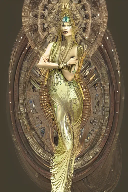 Image similar to a realistic photo of a beautiful ancient alien woman goddess kate moss nataraja standing in iris van herpen dress jewelery and fractals in style of alphonse mucha art nuvo dmt trending on artstation made in unreal engine 4