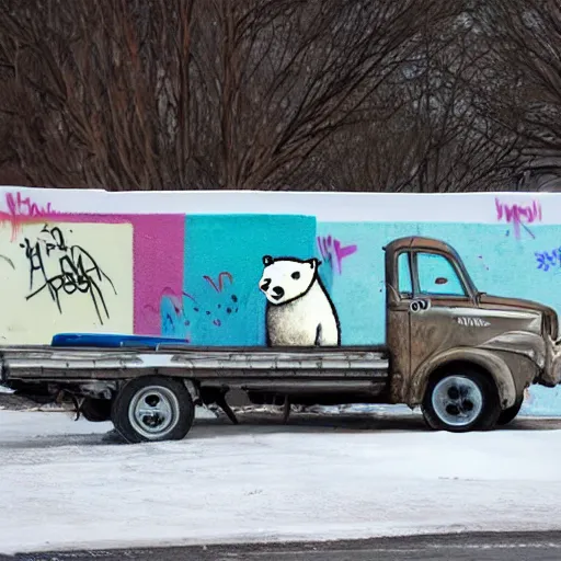 Prompt: a graffiti on a wall showing a polar bear driving a truck on ice