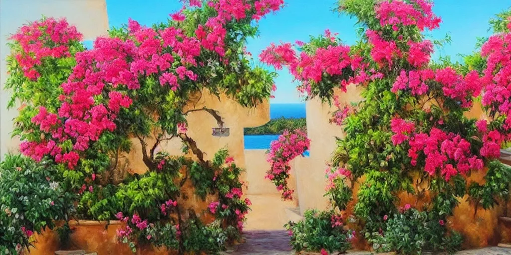 Prompt: beautiful hyper realistic oil painting of a provencal landscape with bougainvillea and near the sea