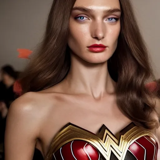 Image similar to A beautiful portrait of Daria Strokous as Wonder Woman and a model at Maybelline fashion show as a model Spring/Summer 2018, highly detailed, in the style of cinematic, Milan fashion week backstage, Extreme close up, Makeup by Pat McGrath, Hair by Guido Palau, Greg rutkowski