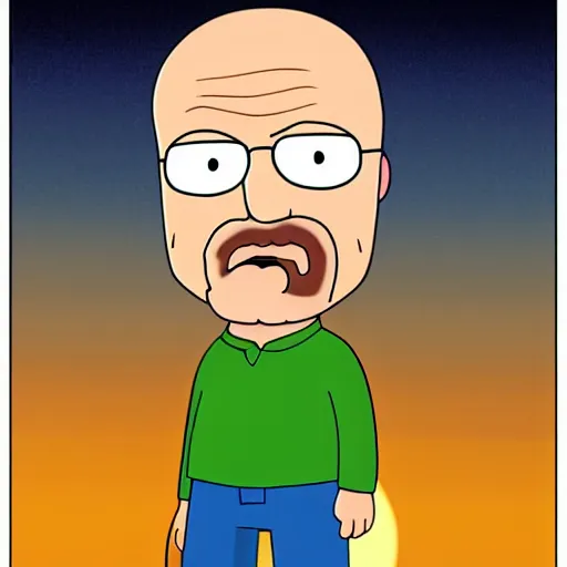 Image similar to Walter White in the style of family guy in a sunset scene