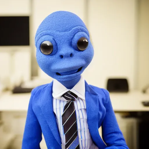 Prompt: professional portrait of an anthropomorphic cute blue clay man wearing a suit in an office, 8k, dslr, cinematic,