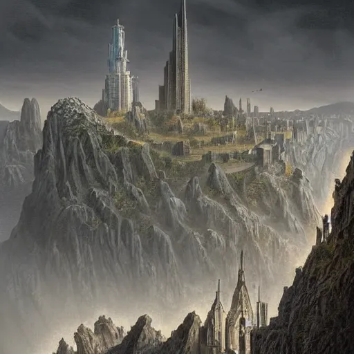 Image similar to an ultra detailed matte painting of a lonely and impossibly tall ominous dark tower elevated high above the city, on an isolated plateau island in a river elevated high above the city fortress tower, fantasy capital city, ultrawide lense, aerial photography, volumetric lighting, exquisite detail, 8 k, art by m. c. escher and greg rutkowski and alphonse mucha