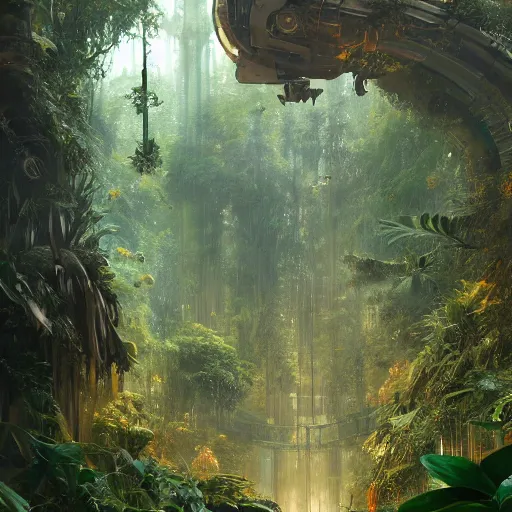 Image similar to cinematic shot of a sci-fi jungle made of trees and animals digital painting, artstation, concept art, soft light, hdri, smooth, sharp focus, illustration, fantasy, intricate, elegant, highly detailed, D&D, matte painting, in the style of Greg Rutkowski and Alphonse Mucha and artemisia, 8k, highly detailed, jurgens, rutkowski, bouguereau, pastoral, rustic, georgic