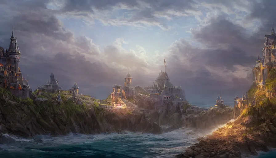 Prompt: a beautiful photo realistic still image looking across a crystal clear sea at stormwind castle from the warcraft movie, by greg rutkowski, trending on artstation, masterpiece,