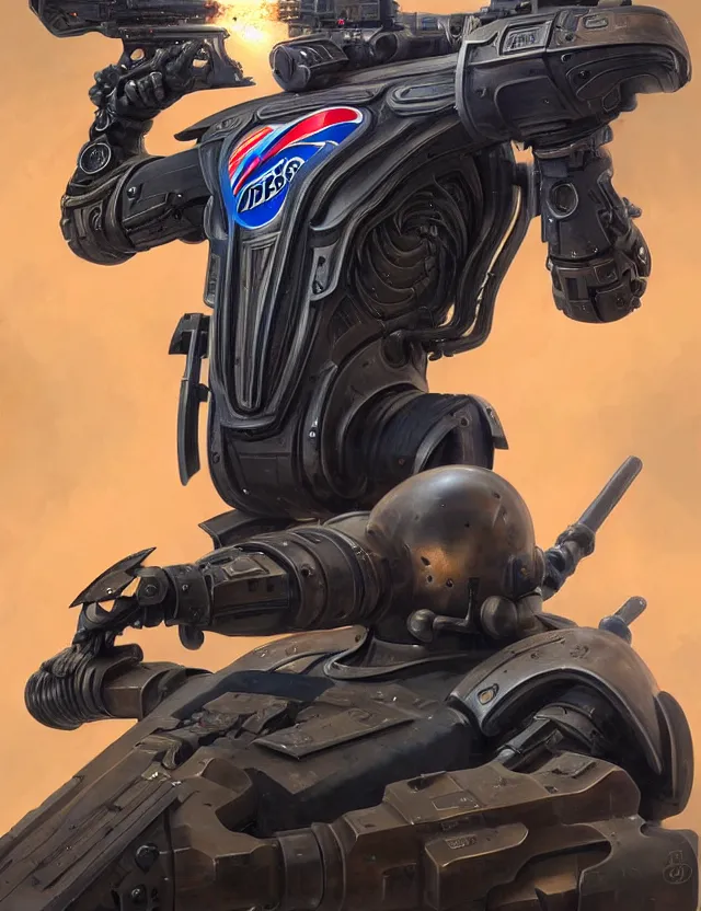 Image similar to a portrait of a tactical exoskeleton with miniguns painted with the pepsi logo, by moebius and tyler edlin and hr giger, trending on artstation, digital art, 4 k resolution, detailed, high quality, sharp focus, hq artwork, coherent, insane detail, concept art